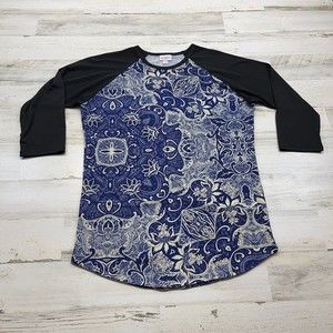 Lularoe Womens Raglan Top Shirt Floral Print Medium T-Shirt Tee Black Blue White
